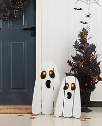 Glitzhome Halloween Lighted Wooden White Ghost Porch Decor with Timer, Set of 2