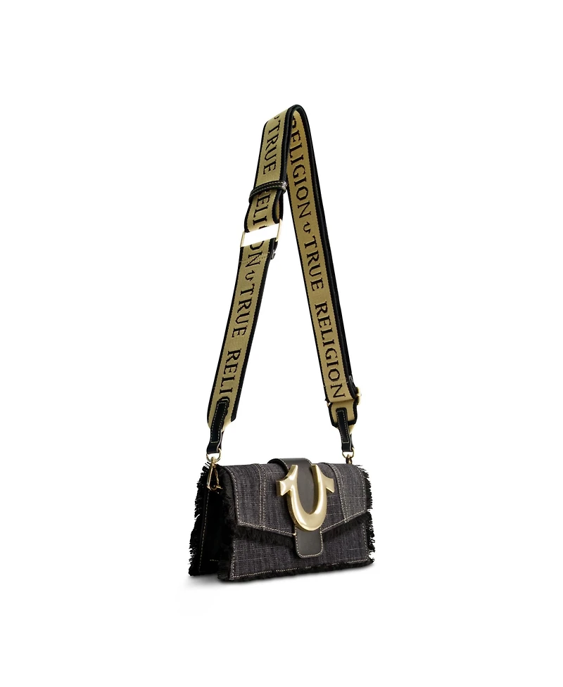 True Religion Frayed Denim Flap Bag with Logo Strap