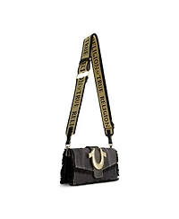 True Religion Frayed Denim Flap Bag with Logo Strap