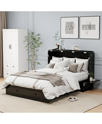 livelylodge Black queen Murphy bed with 2 drawers, 2 shelves, 2 Usb ports, and 2 charging ports. Ideal for guest rooms and home offices