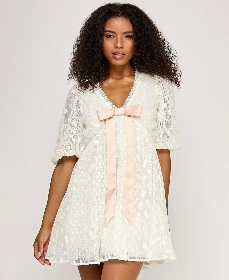 Seni & Cade Juniors' Ruffled V-Neck Lace Dress