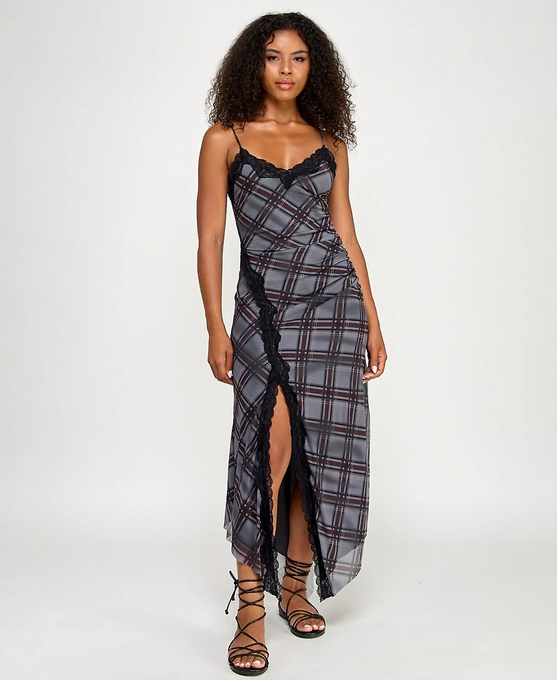 Seni & Cade Juniors' Lace-Trim Mesh Fit Flare Dress