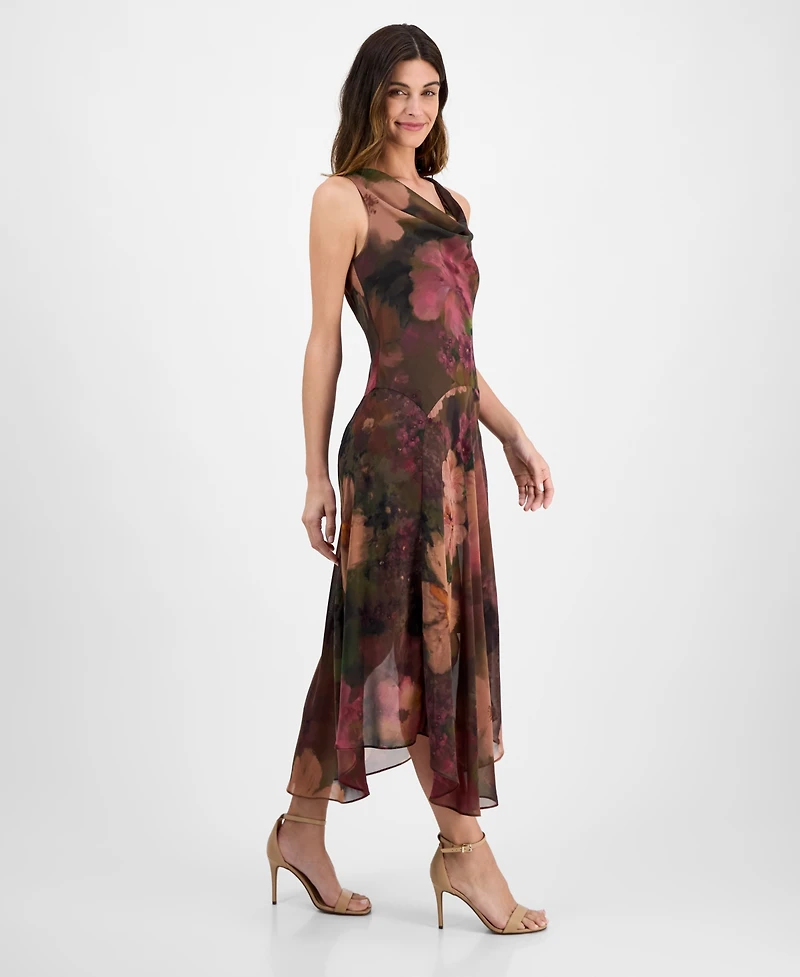 Robbie Bee Women's Cowlneck Floral-Print Dress