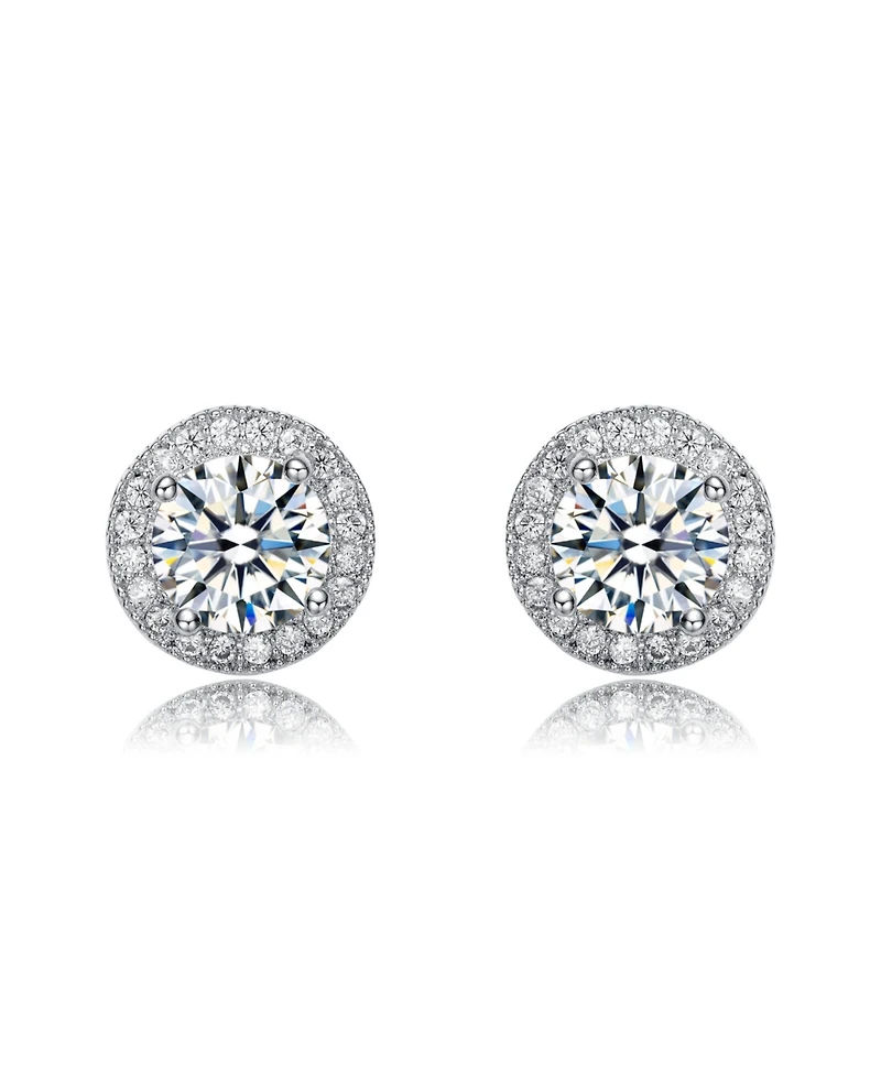 Rachel Glauber White Gold Plating with Clear Cubic Zirconia Round Stud Earrings
