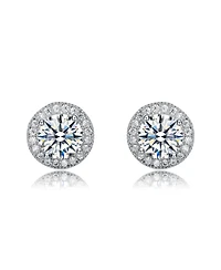 Rachel Glauber White Gold Plating with Clear Cubic Zirconia Round Stud Earrings