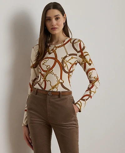 Lauren Ralph Petite Belting-Print Cotton Long-Sleeve Tee