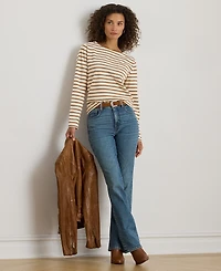 Lauren Ralph Petite Striped Jersey Snap-Trim Boatneck Top