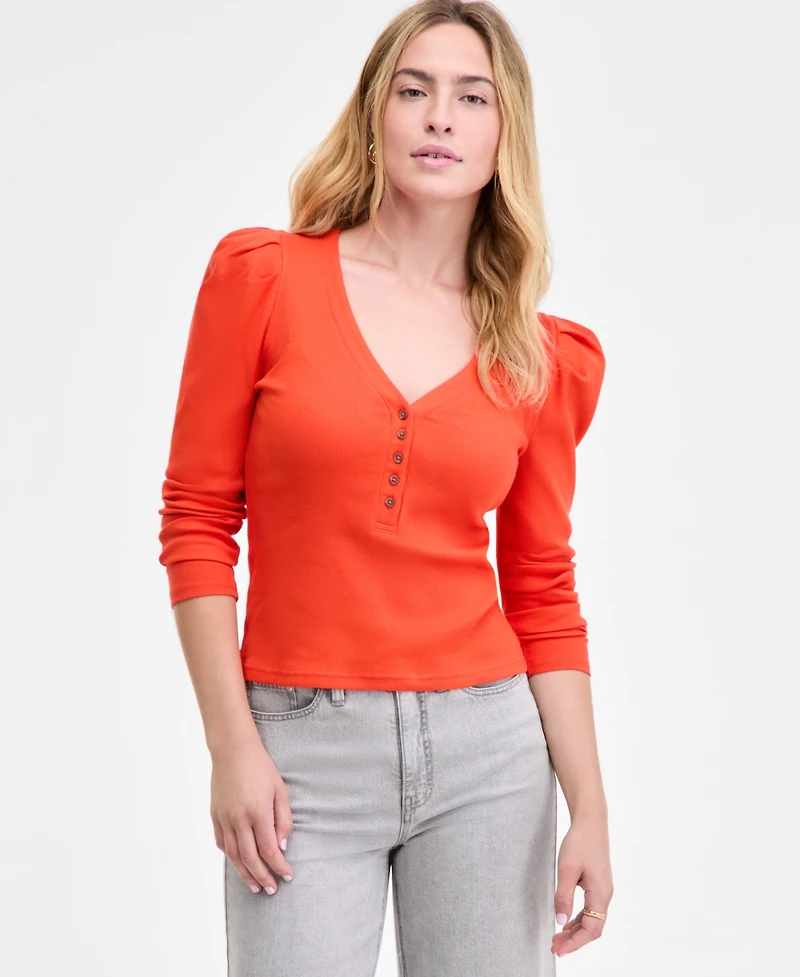 On 34th Women's Puff-Shoulder Long-Sleeve Henley T-Shirt, Macy's Exclusive