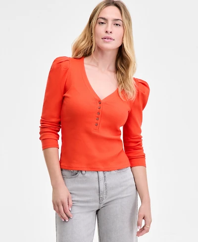 On 34th Women's Puff-Shoulder Long-Sleeve Henley T-Shirt, Macy's Exclusive