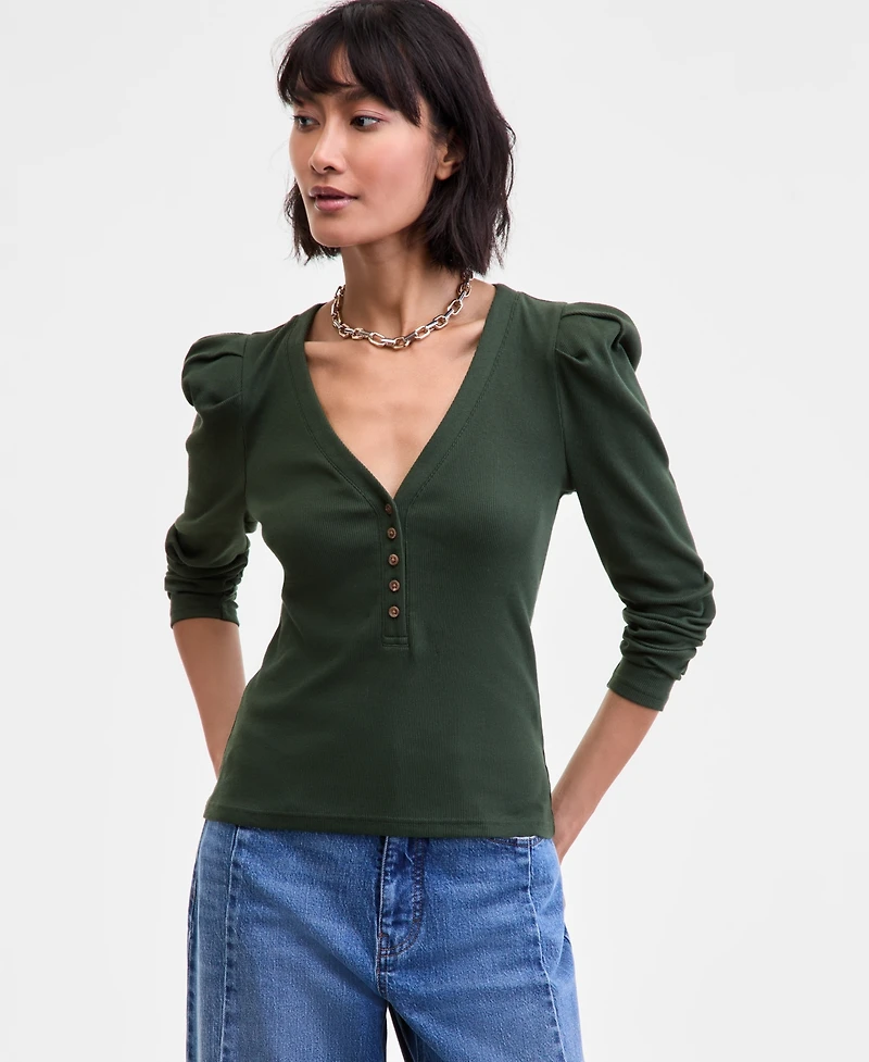 On 34th Women's Puff-Shoulder Long-Sleeve Henley T-Shirt, Macy's Exclusive