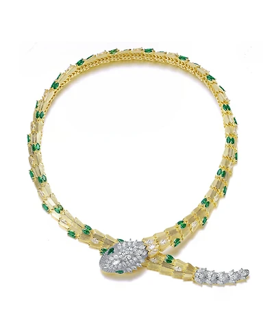 Rachel Glauber 14K Gold Plated with Green Cubic Zirconia Snake-Inspired Collar Necklace