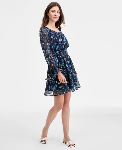 On 34th Women's Printed Smocked Ruffle Chiffon Mini Dress, Macy's Exclusive