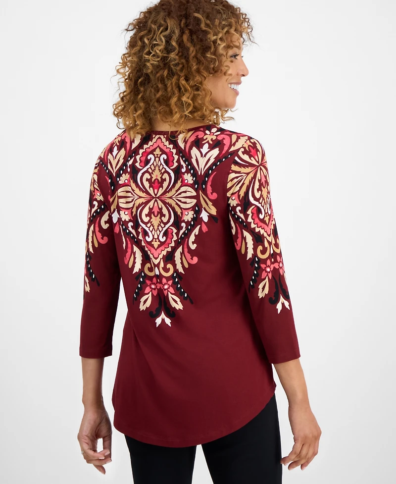 Jm Collection Women's Printed Scoop-Neck 3/4-Sleeve Top, Exclusively at Macy's