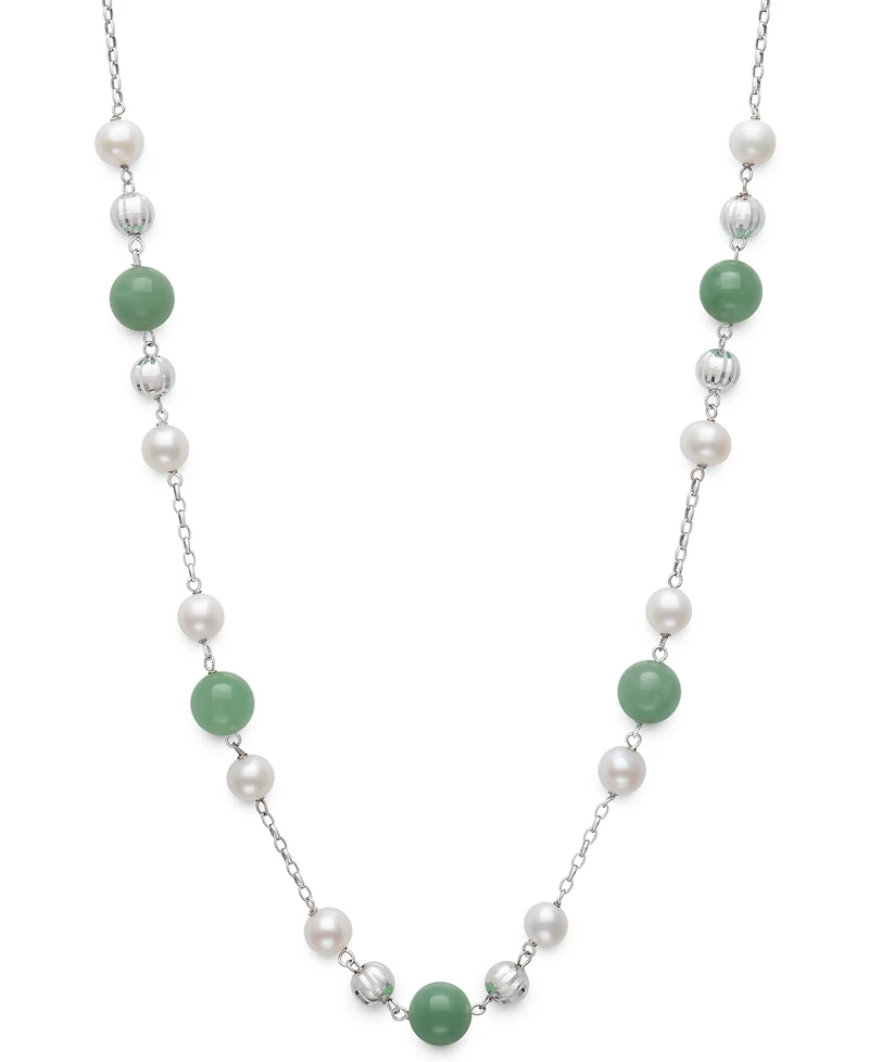 2-Pc. Set Dyed Green Jade & Cultured Freshwater Pearl (6-7mm) Collar Necklace & Bracelet in Sterling Silver