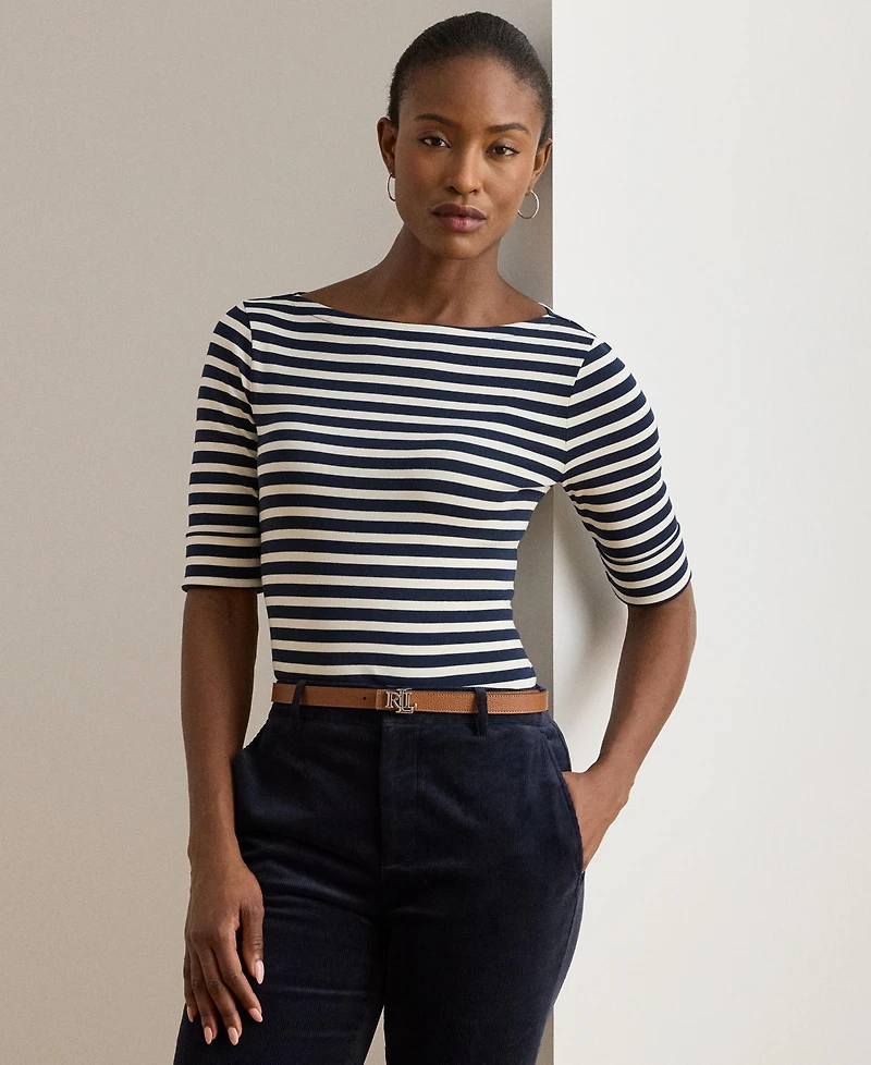 Lauren Ralph Women's Striped Stretch Cotton Boatneck Tee