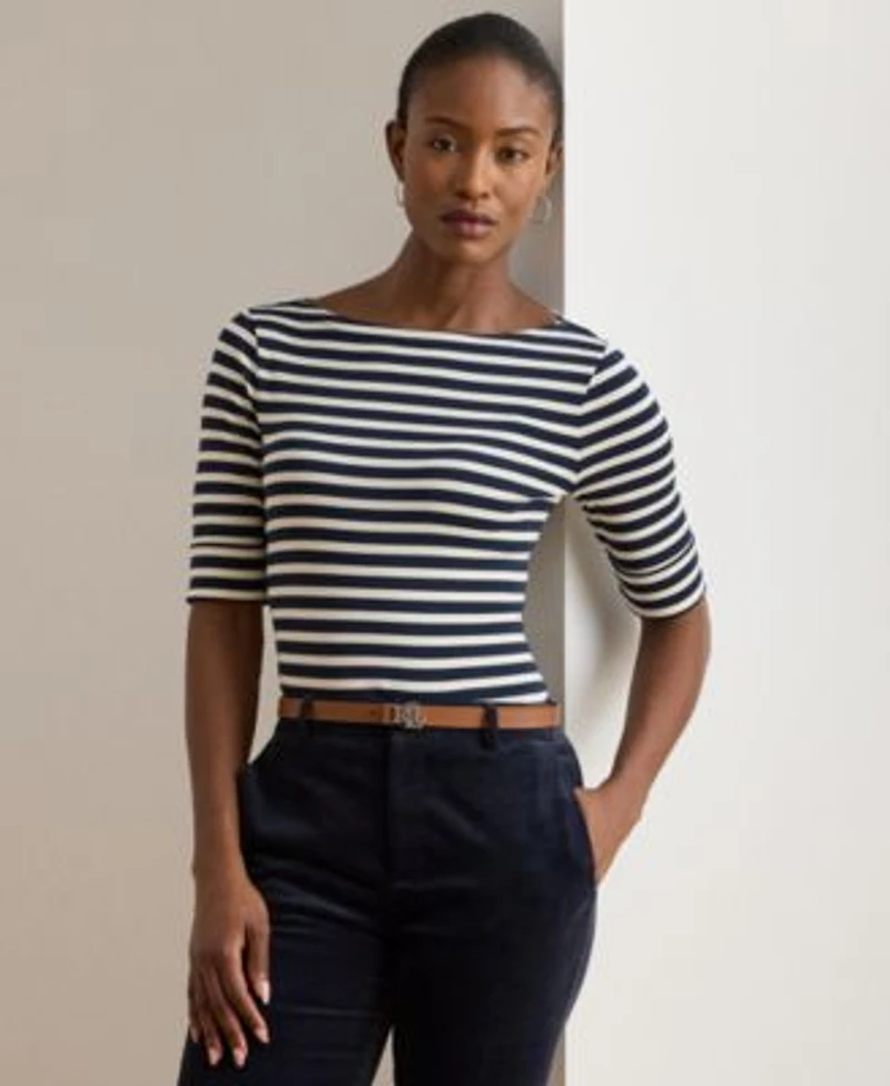 Lauren Ralph Lauren Womens Striped Stretch Cotton Boatneck Tee P Xs Xxl