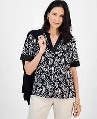 Jm Collection Women's Printed Short-Sleeve Satin-Trim Top, Exclusively at Macy's