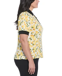 Rafaella Plus Lemon Print Buttoned Elbow Length Sleeve Polo T-Shirt
