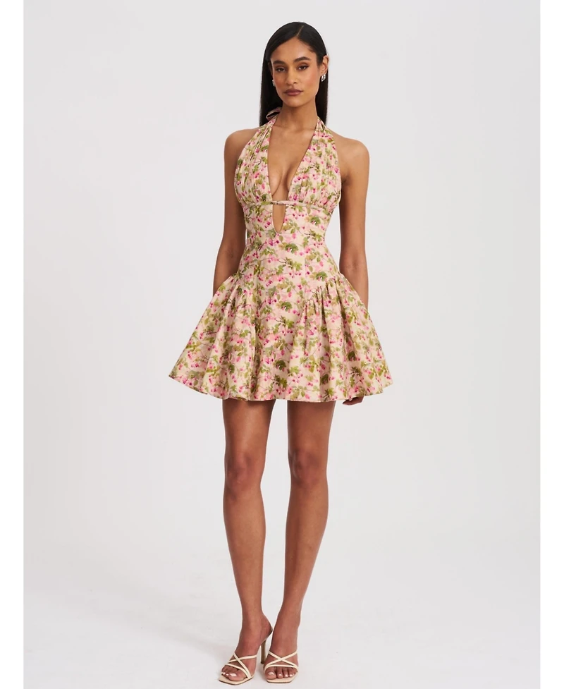 Miss Circle Women's Mackenzie Green and Pink Floral Print Halter Linen Mini Dress