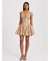 Miss Circle Women's Mackenzie Green and Pink Floral Print Halter Linen Mini Dress