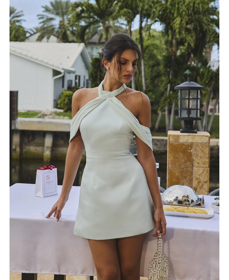 Miss Circle Women's Zafrina Light Cyan Halter Off-shoulder Backless Mini Dress