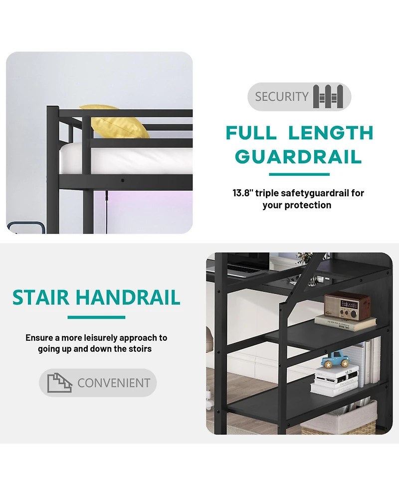 Full Size Loft Bed with L-shaped Desk and Usb, Metal Loft Bed with Wardrobe and Adjustable Shelf, High Loft Bed with Led for Kids Teens Adults