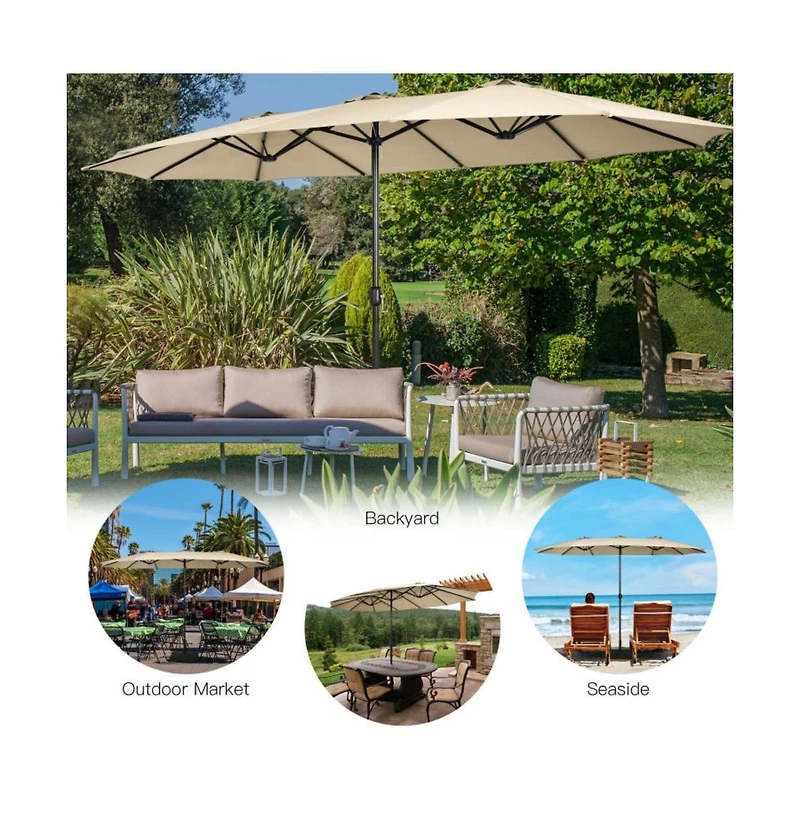 15 Feet Double-Sided Twin Patio Umbrella with Crank and Base