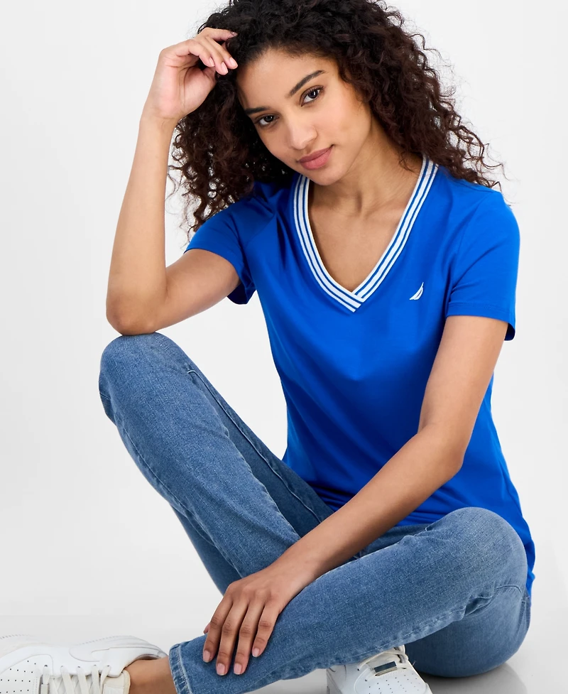 Nautica Jeans Women's Solid Stripe-Trim V-Neck