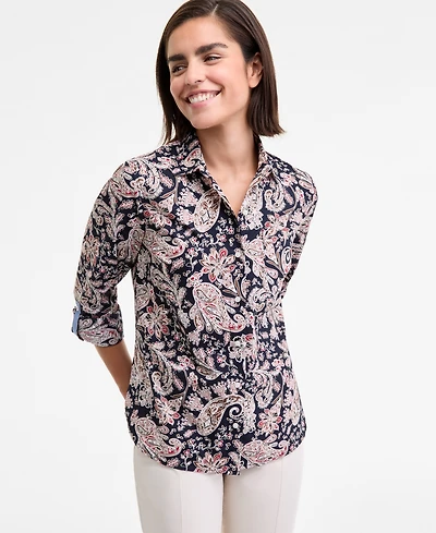 Nautica Jeans Women's Cotton Paisley-Print Roll-Tab Shirt