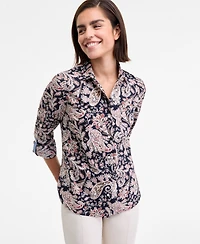 Nautica Jeans Women's Cotton Paisley-Print Roll-Tab Shirt
