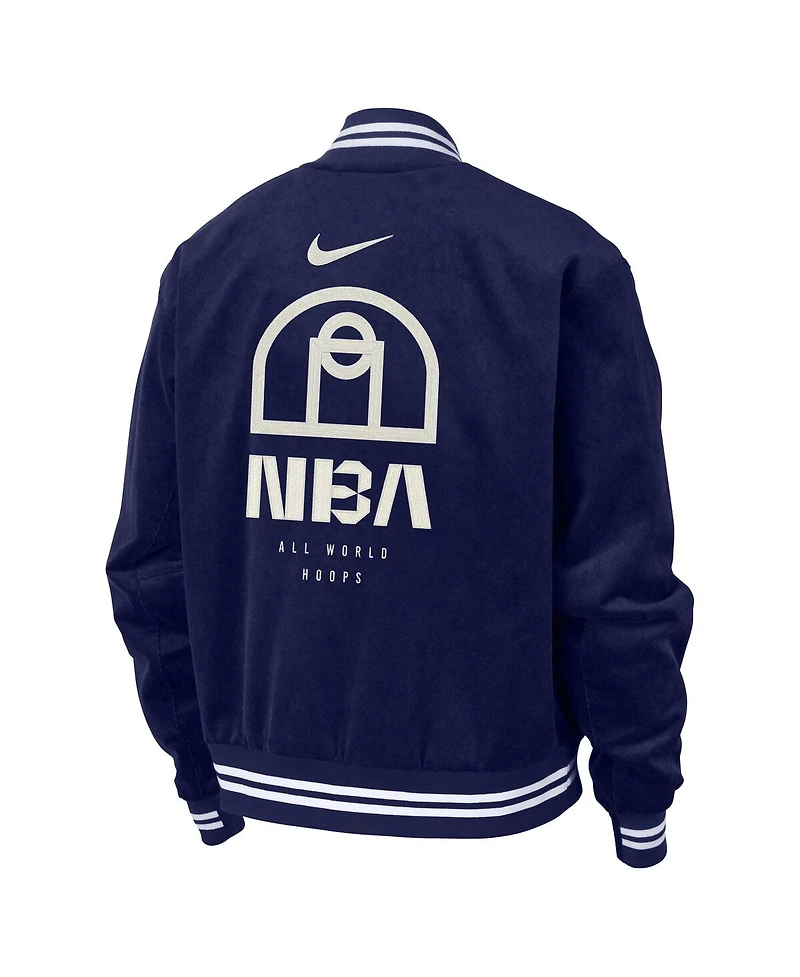 Nike Men's Blue Nba All World Hoops Team 31 Trend Corduroy Full-Snap Bomber Jacket