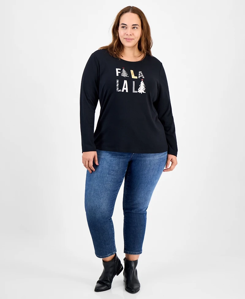 Holiday Lane Plus Size Fa La La La Long-Sleeve T-Shirt, Macy's Exclusive