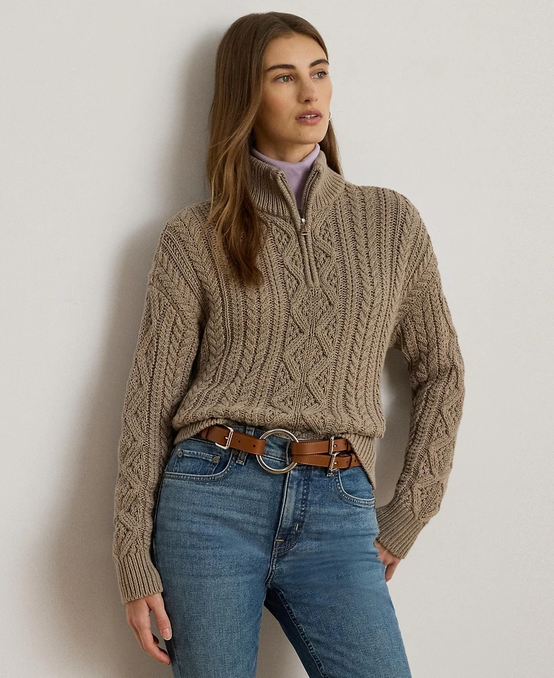 Lauren Ralph Women's Aran-Knit Cotton Quarter-Zip Pullover