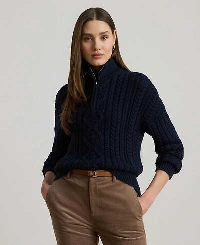 Lauren Ralph Women's Aran-Knit Cotton Quarter-Zip Pullover