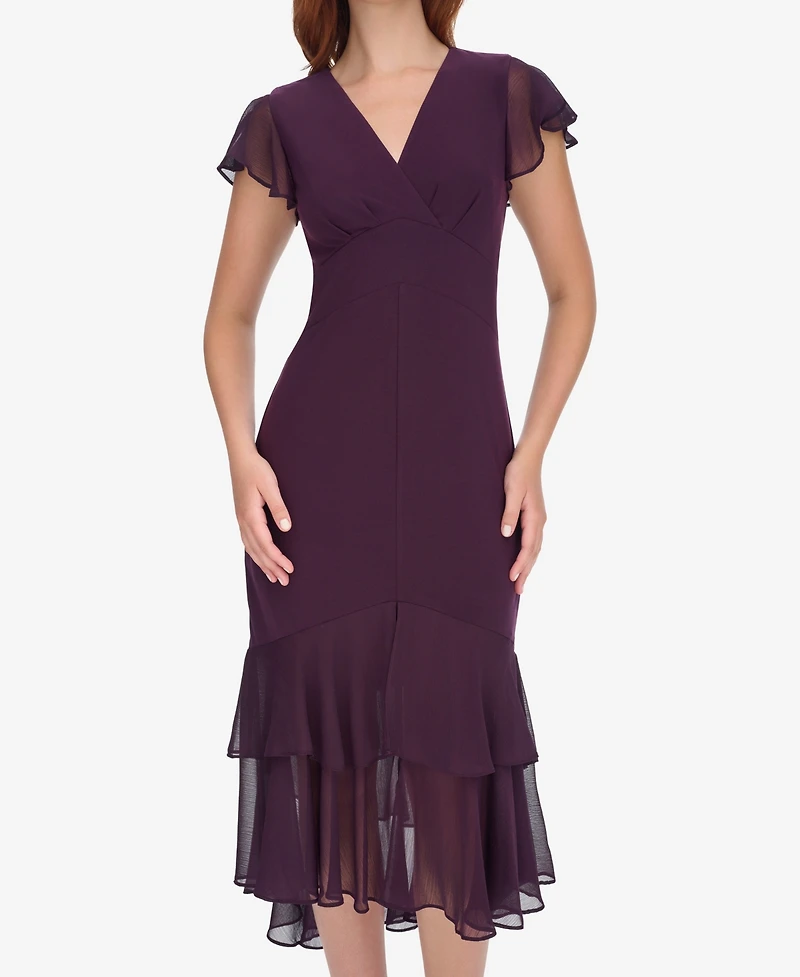 Tommy Hilfiger Women's V-Neck Chiffon-Trim Midi Dress with Flutter Sleeves