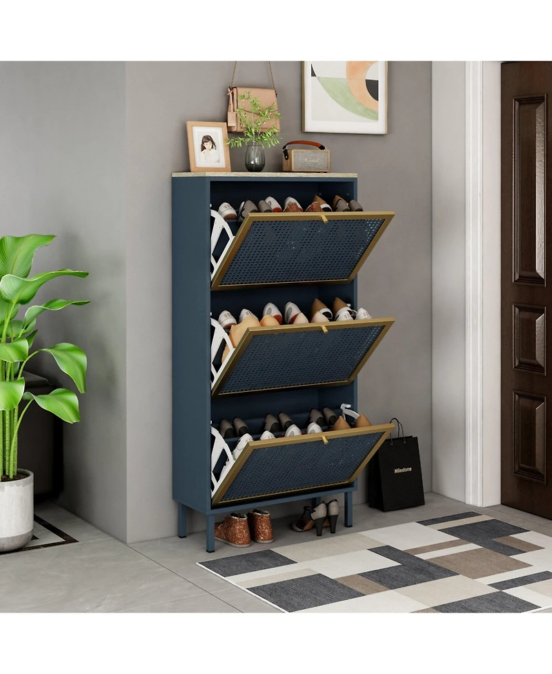 Freestanding Modern Shoe Storage Cabinet 3 Metal Rattan Door Shoe Rack Shoe Cabinet with 3 Flip Drawers for Entryway Living Room, Blue