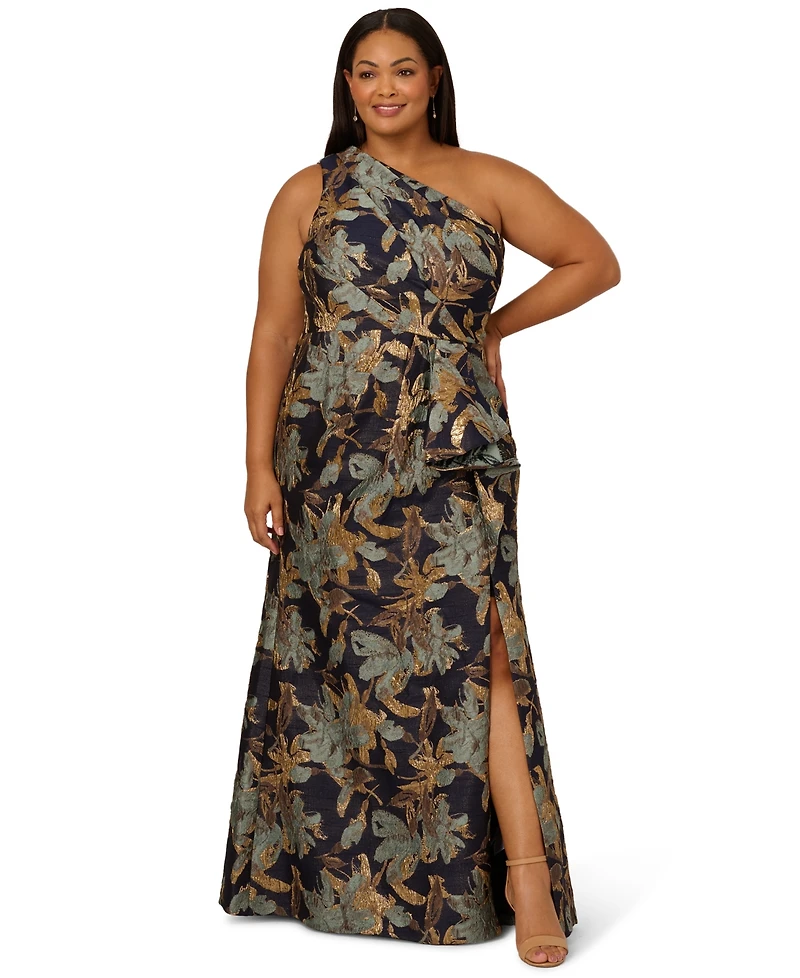 Adrianna Papell Plus Size Metallic Jacquard One-Shoulder Long Dress