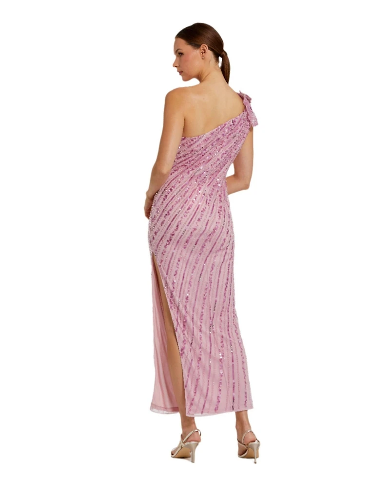 Mac Duggal Women's One Shoulder Beaded Mesh Gown With Flower