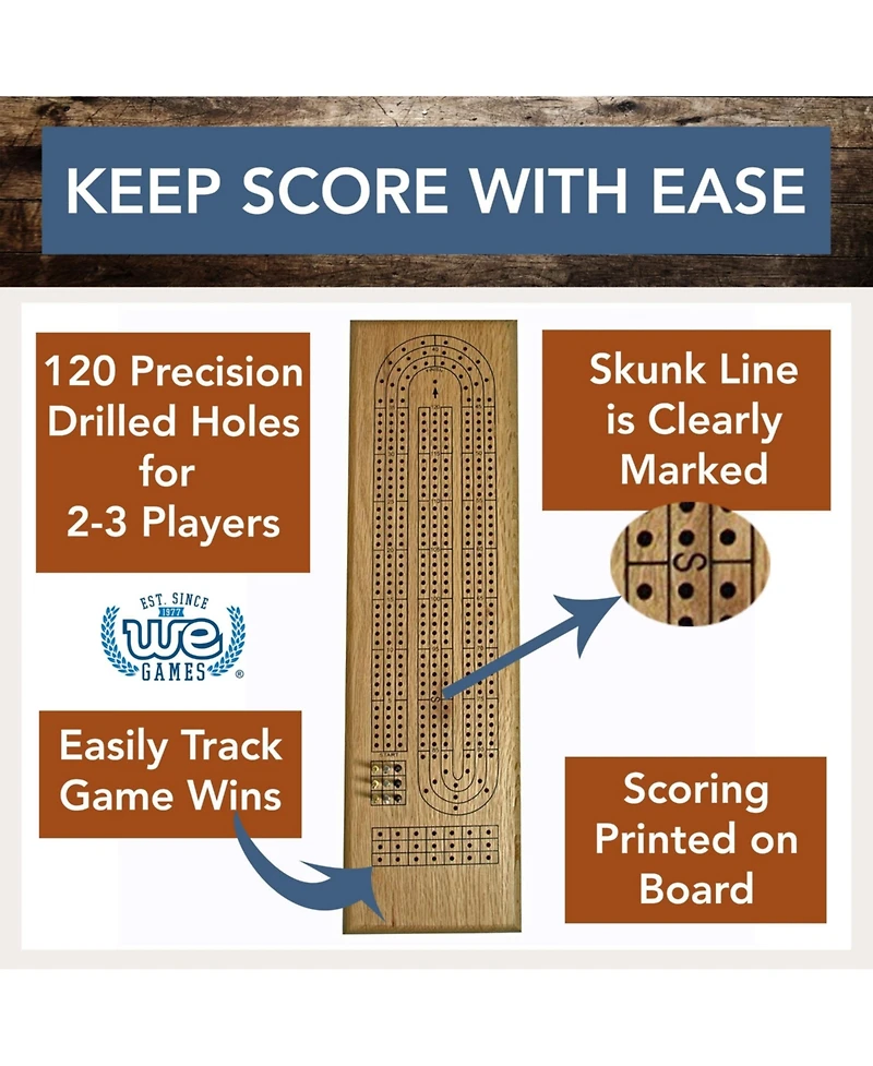 We Games Classic Cribbage Set - Solid Wood Continuous 3 Track Board with Metal Pegs
