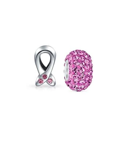 Bling Jewelry Set of 2 Empowering Pink Ribbon Breast Cancer Survivor Solid Dark Pink Cz Spacer Charm Bead Sterling Silver