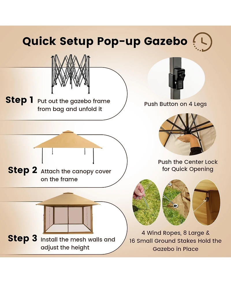 Gymax Outdoor Patio 13' x13' Pop Up Canopy Tent UV50+ Adjust Sun Protection w/ Mesh Sidewall