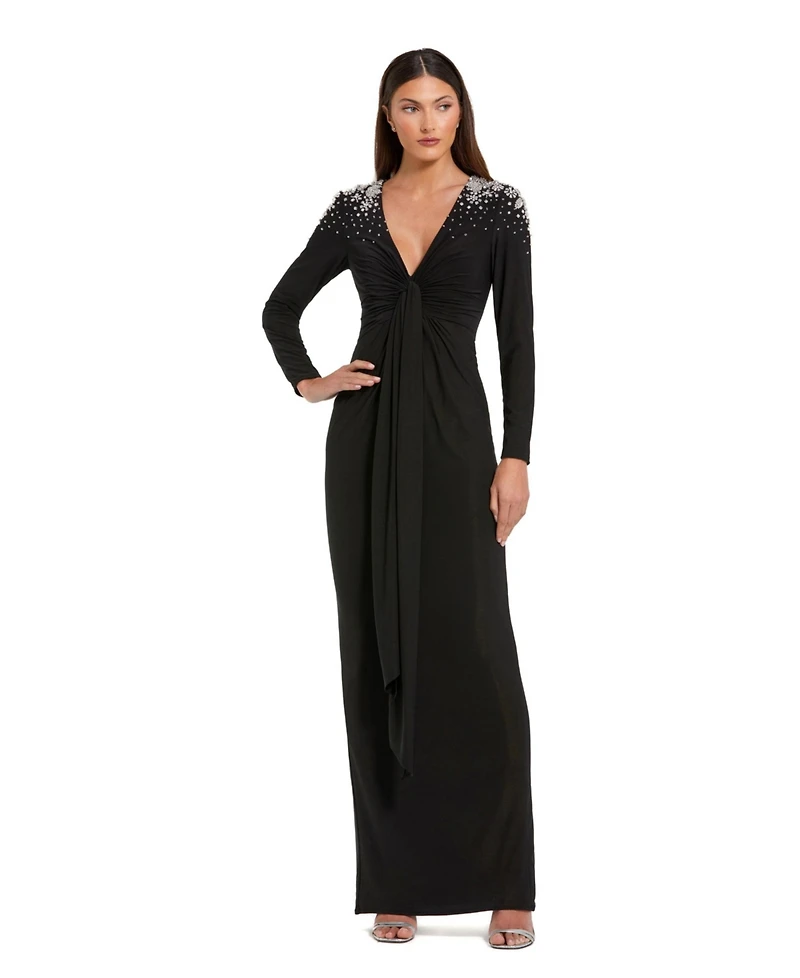 Mac Duggal Women's Jersey V Neck Faux Knot Gown With Beaded Shoulders