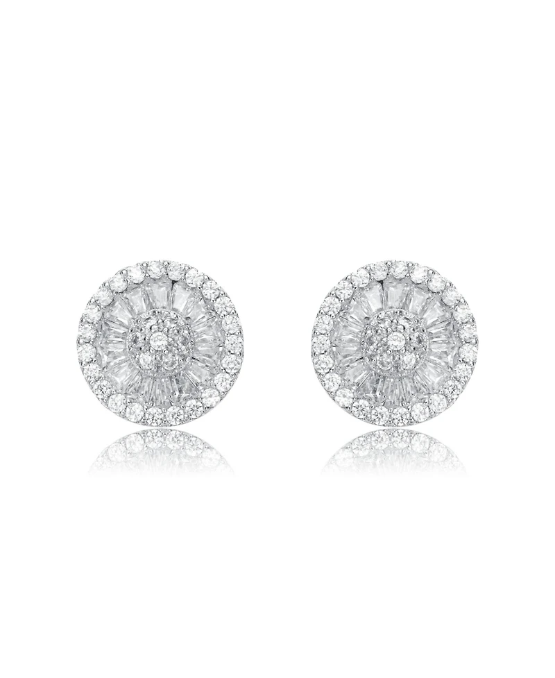 White Gold Plating with Clear Cubic Zirconia Halo Medallion Cluster Stud Earrings