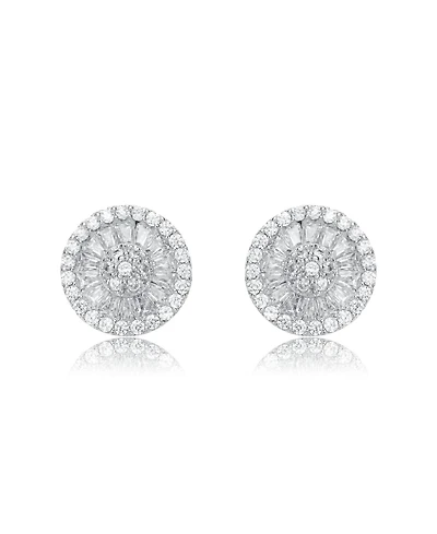 White Gold Plating with Clear Cubic Zirconia Halo Medallion Cluster Stud Earrings
