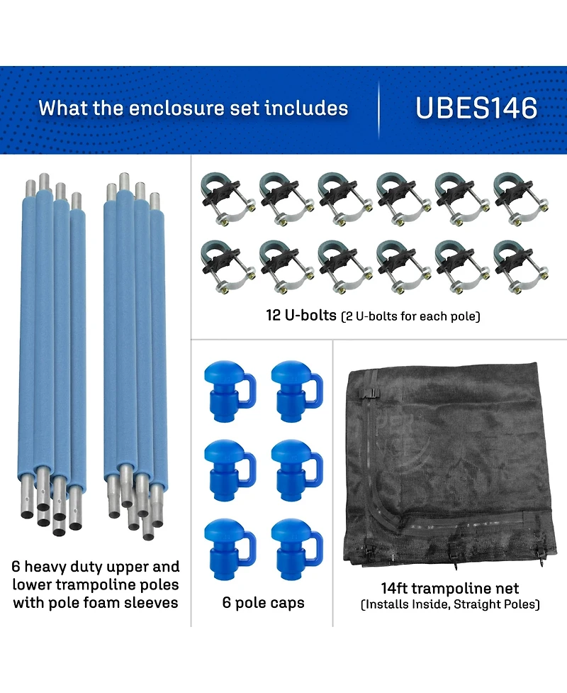 Plexalife Ft Trampoline Safety Enclosure Set including Net, 6 Poles (with 6 pole caps) Trampoline Pole Foam Sleeves