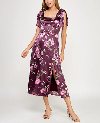 Row A Juniors' Satin Printed Fit & Flare Midi Dress