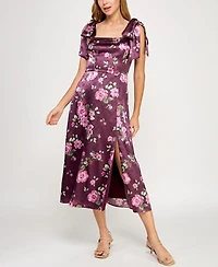 Row A Juniors' Satin Printed Fit & Flare Midi Dress
