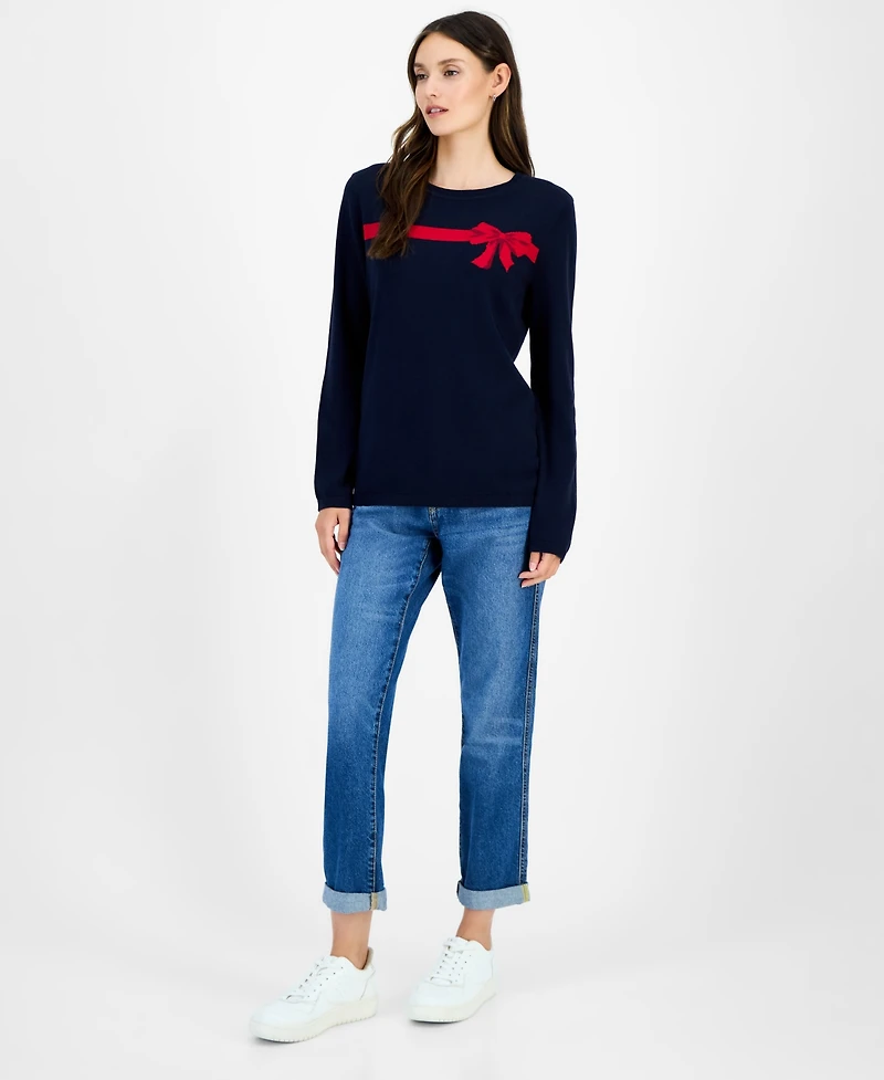 Nautica Jeans Women's Cotton Jacquard-Bow Sweater