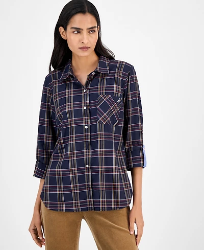 Nautica Jeans Women's Providence Plaid Cotton Roll-Tab-Sleeve Shirt