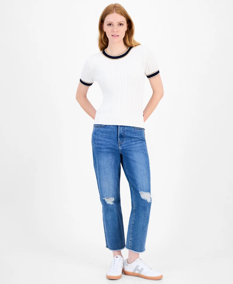 Tommy Hilfiger Women's Cotton Short-Sleeve Cable Knit Sweater